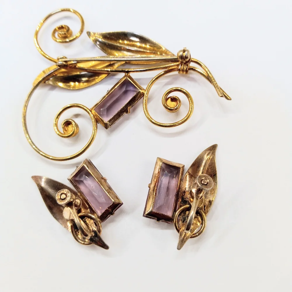 Vintage Gold Over Sterling Purple Stone Brooch And Earrings - Picture 4 of 5